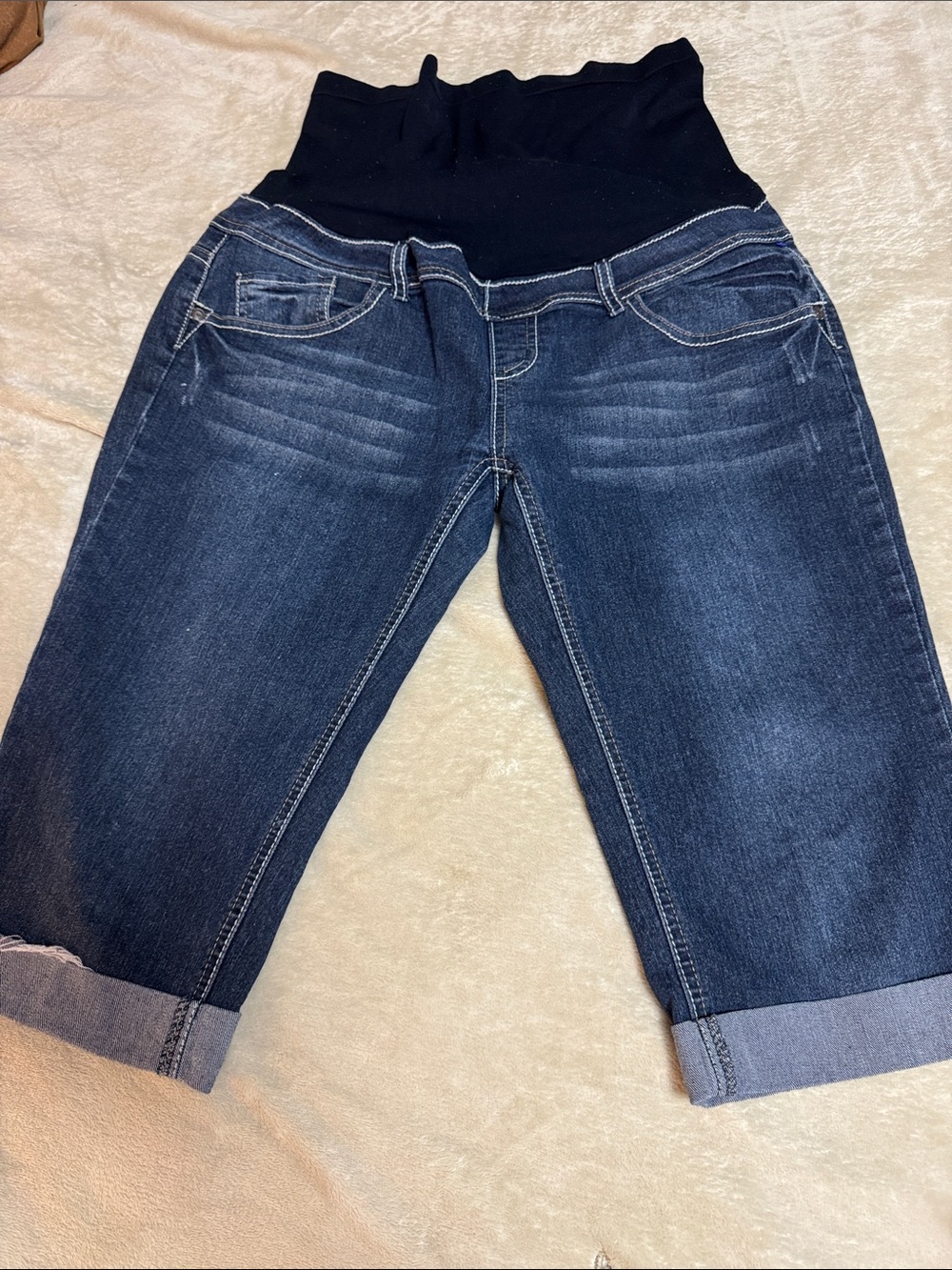 Maternity Dark Blue Denim Capri Jeans with Black Waistband